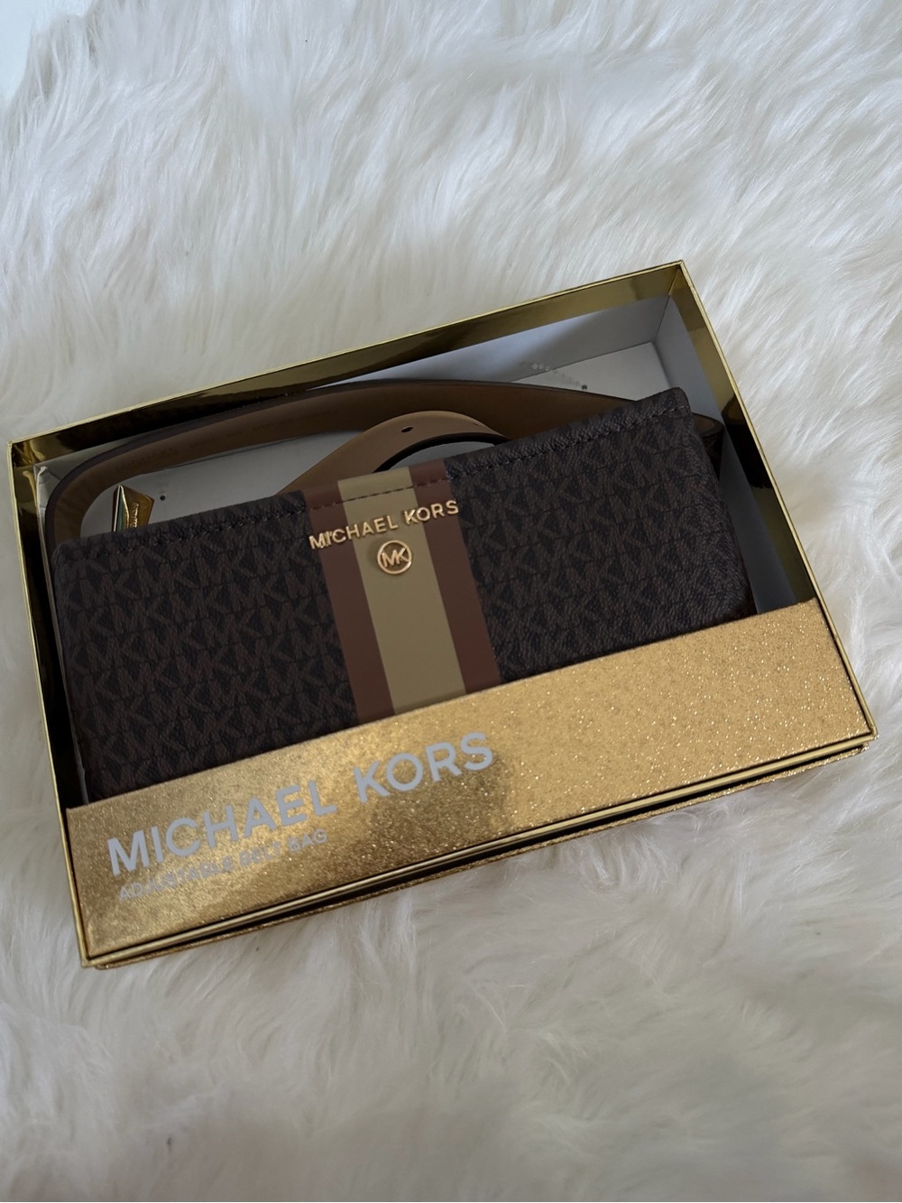 Michael Kors Brown Monogram Stripe Belt Bag with Gold Hardware